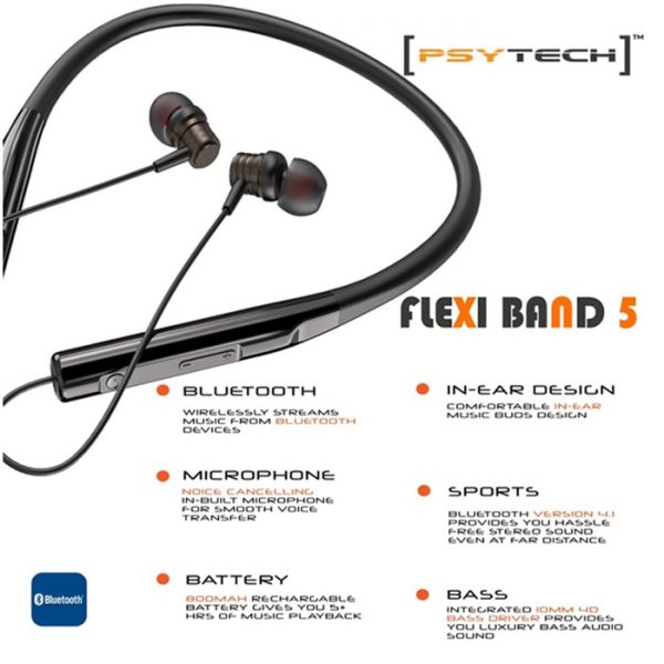 PSYTECH flexiband Sports Bluetooth Wireless Earphone with Immersive 4D Sound Black