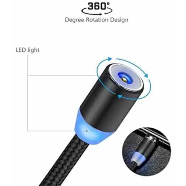 Magnetic Data Cable USB 360 Degree Rotation 3 in 1 Fast Charging Data Cable USB Type- C & Micro USB Nylon Braided Wire with Blue LED Light 1 m USB Type C Cable  (Compatible with all micro usb devices, all type c devices, all iphone, Black)