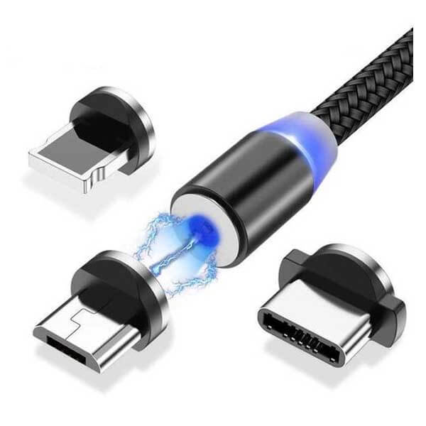 Magnetic Data Cable USB 360 Degree Rotation 3 in 1 Fast Charging Data Cable USB Type- C & Micro USB Nylon Braided Wire with Blue LED Light 1 m USB Type C Cable  (Compatible with all micro usb devices, all type c devices, all iphone, Black)
