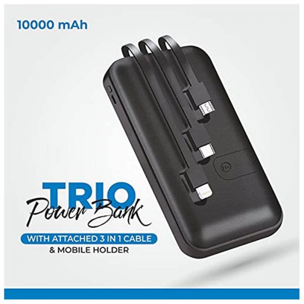 Trio 10000mAh Li-Polymer Fast Charging Power Bank Built-in 3 Cables (iOS, Type C, Micro USB)